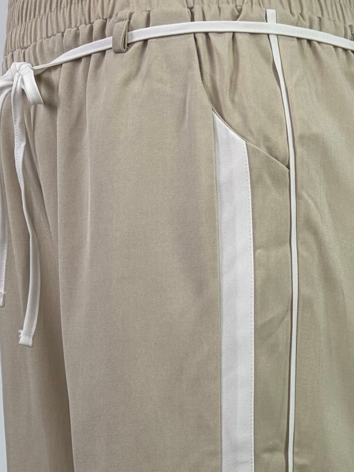 Beige Contrast Side Striped Joggers With Thin Belt Detail