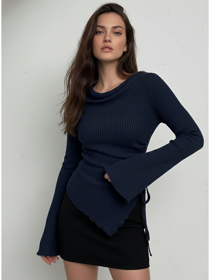 Navy Blue Asymmetric Hem Side Ruched Top