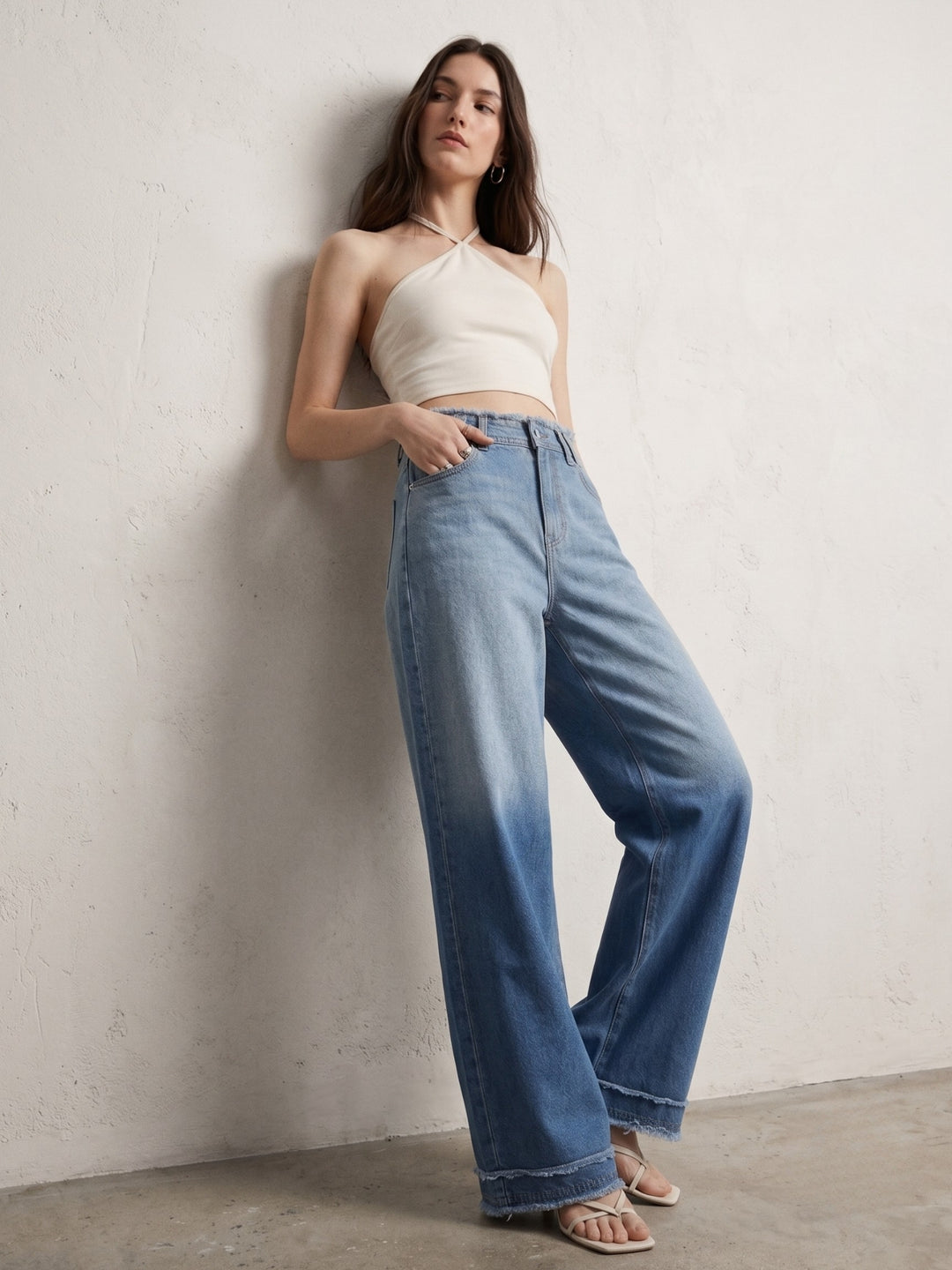 Blue Freyed Waist Band With Thick Hem Detailed Jeans
