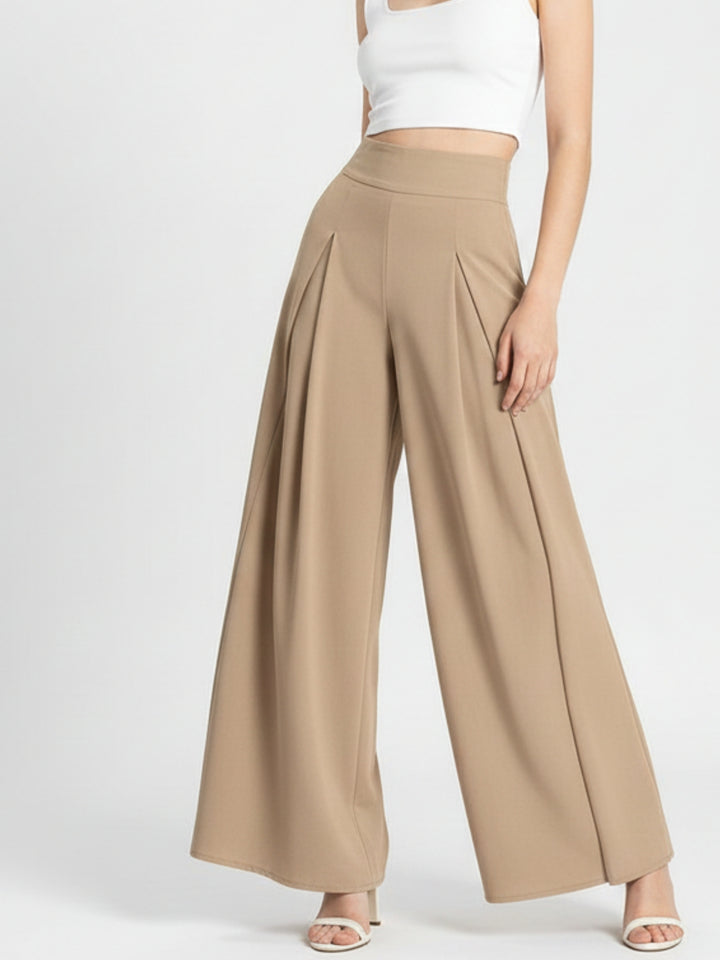 Beige High Waist Pleated Flared Trouser