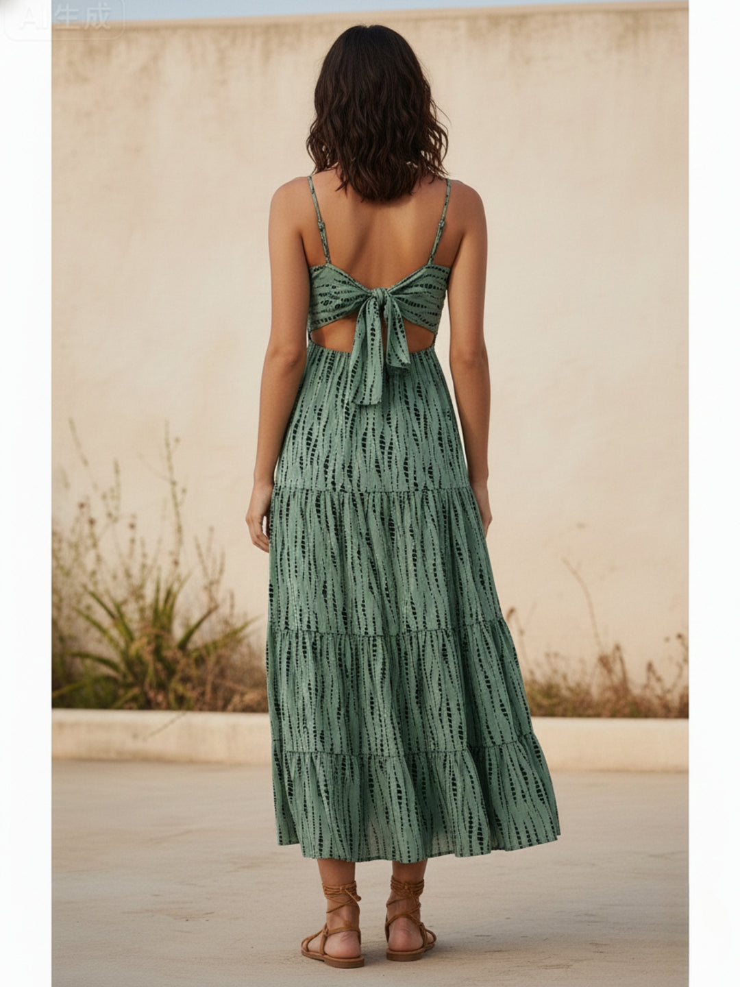 Green Shoulder Strap Back Bow Tiered Dress