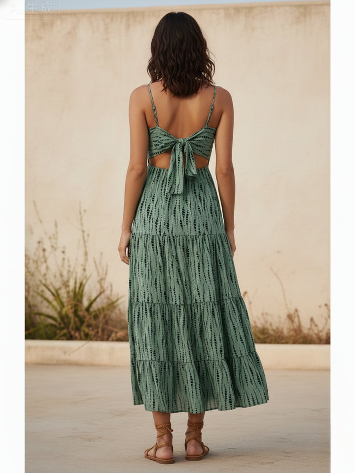 Green Shoulder Strap Back Bow Tiered Dress
