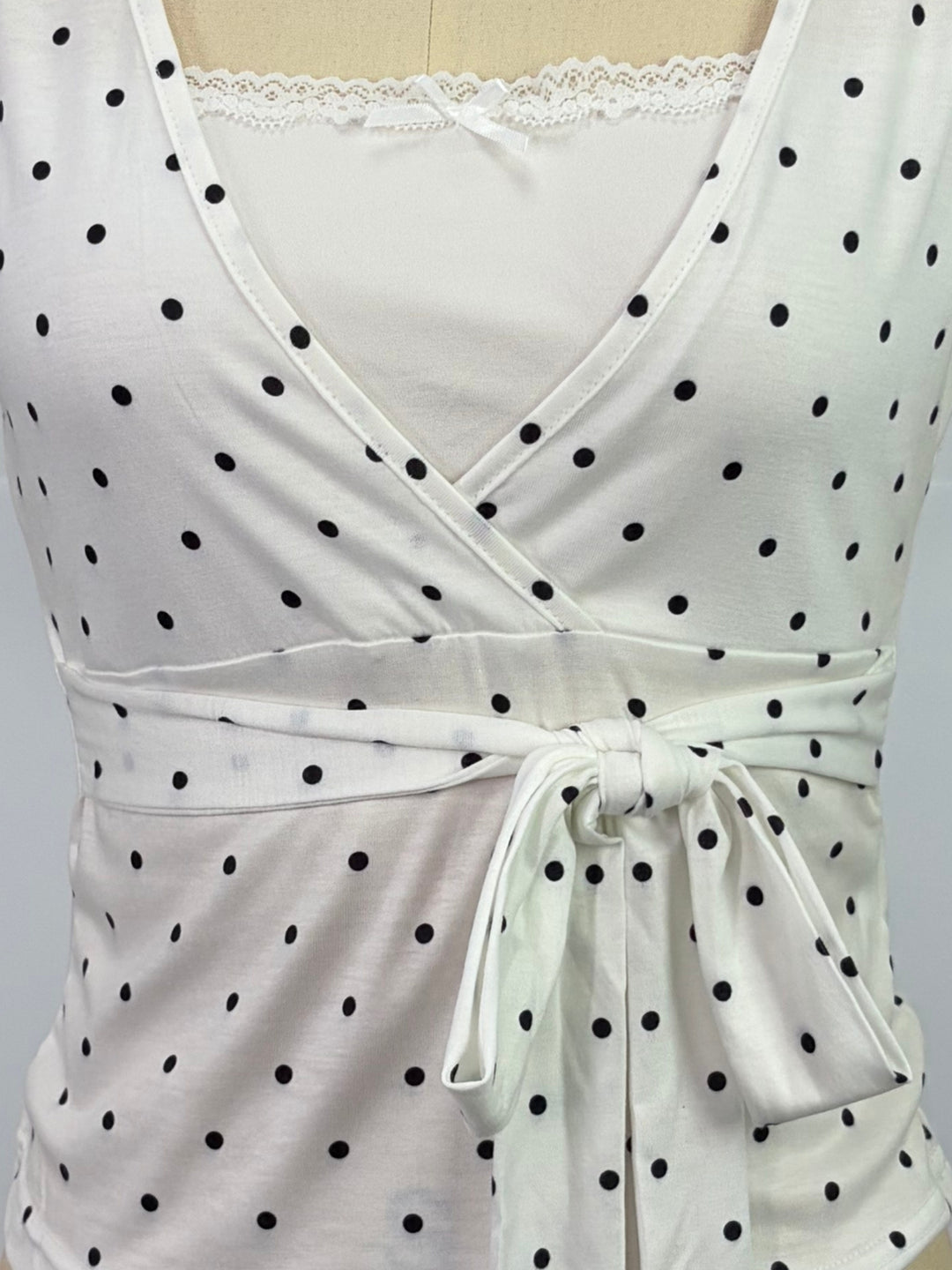 White Polka Dotted Wrap Neck Top
