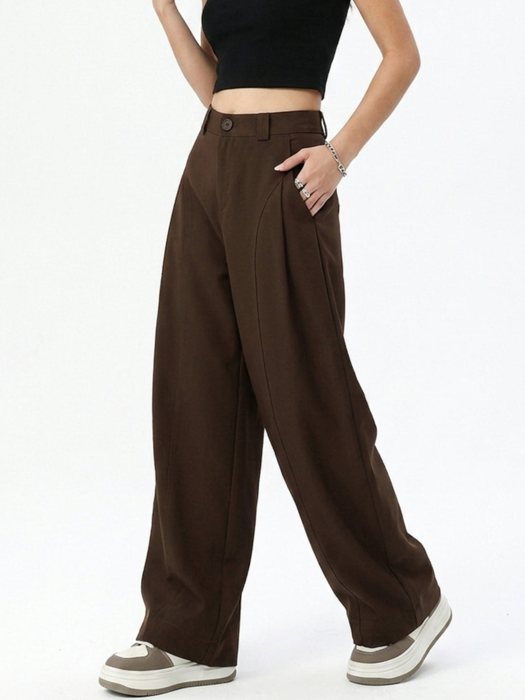 Brown High Waist Pleated Trousers