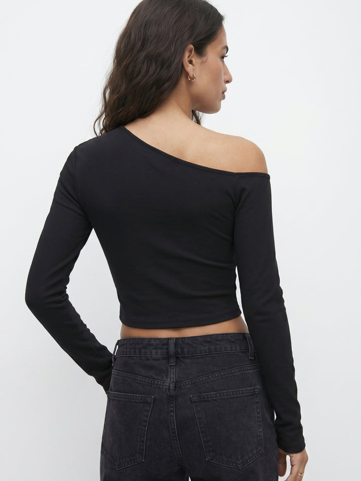 Black One-Shoulder With Metal Eyelet Detail Knit Top