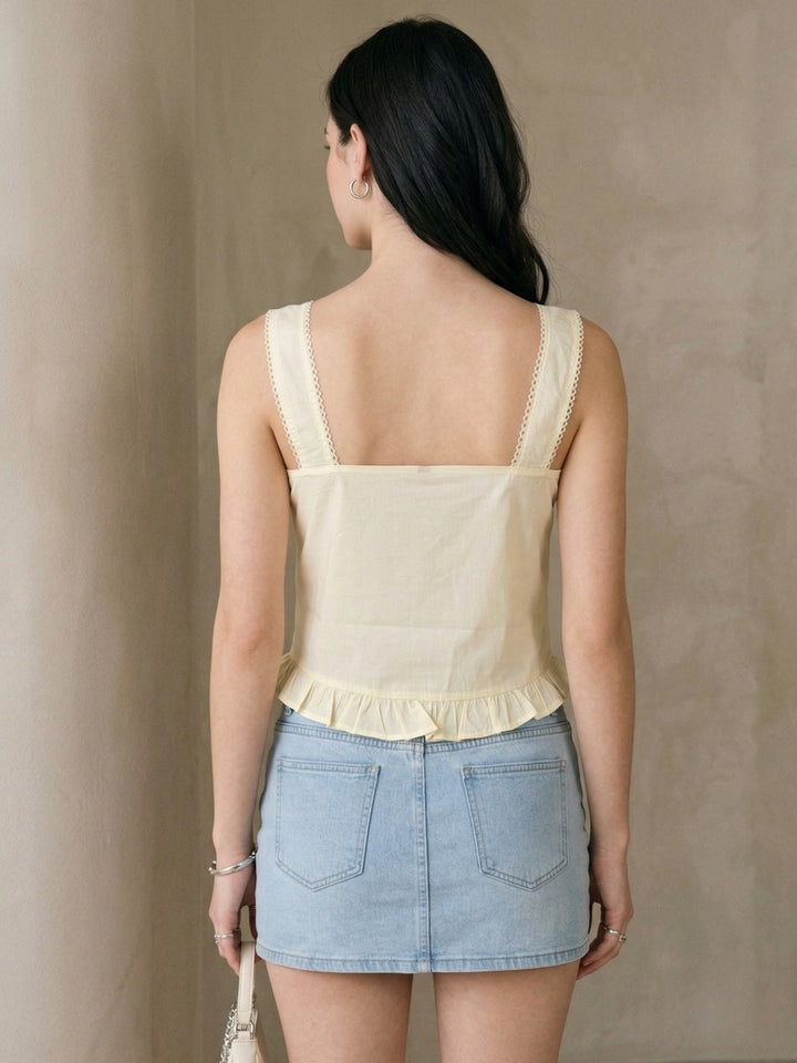 Yellow Square Neck Frill Cotton Top