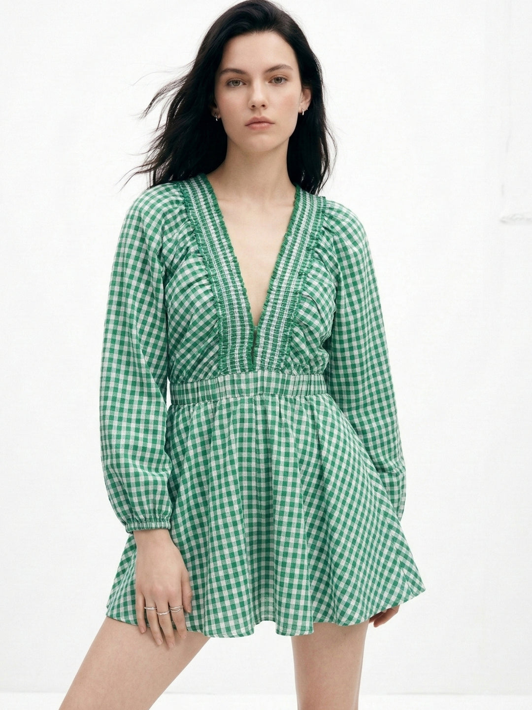 Green Plunge Neck Checkered Mini Dress
