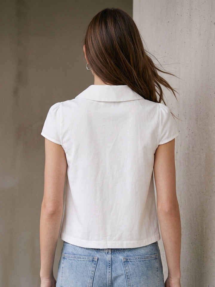 White Short Sleeve Front Buttoned Collared Top