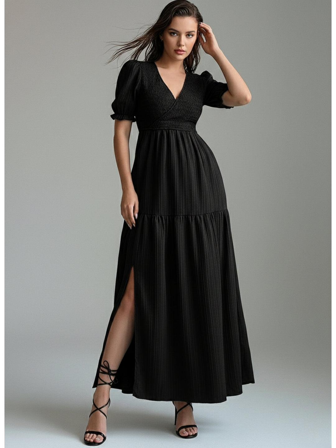 Black Plunge Neck Tiered Dress