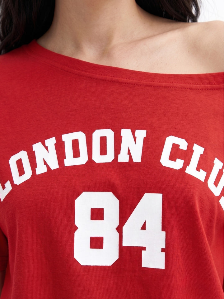 Red Off-Shoulder Varsity Graphic T-Shirt