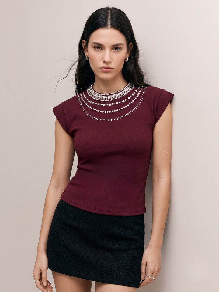 Wine High Neck Cap Sleeved Top With Layered Embellishments