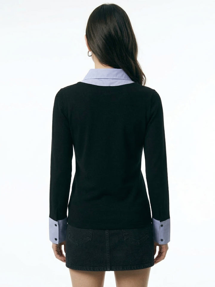 Black Full Sleeve Contrast Collar Fitted Top