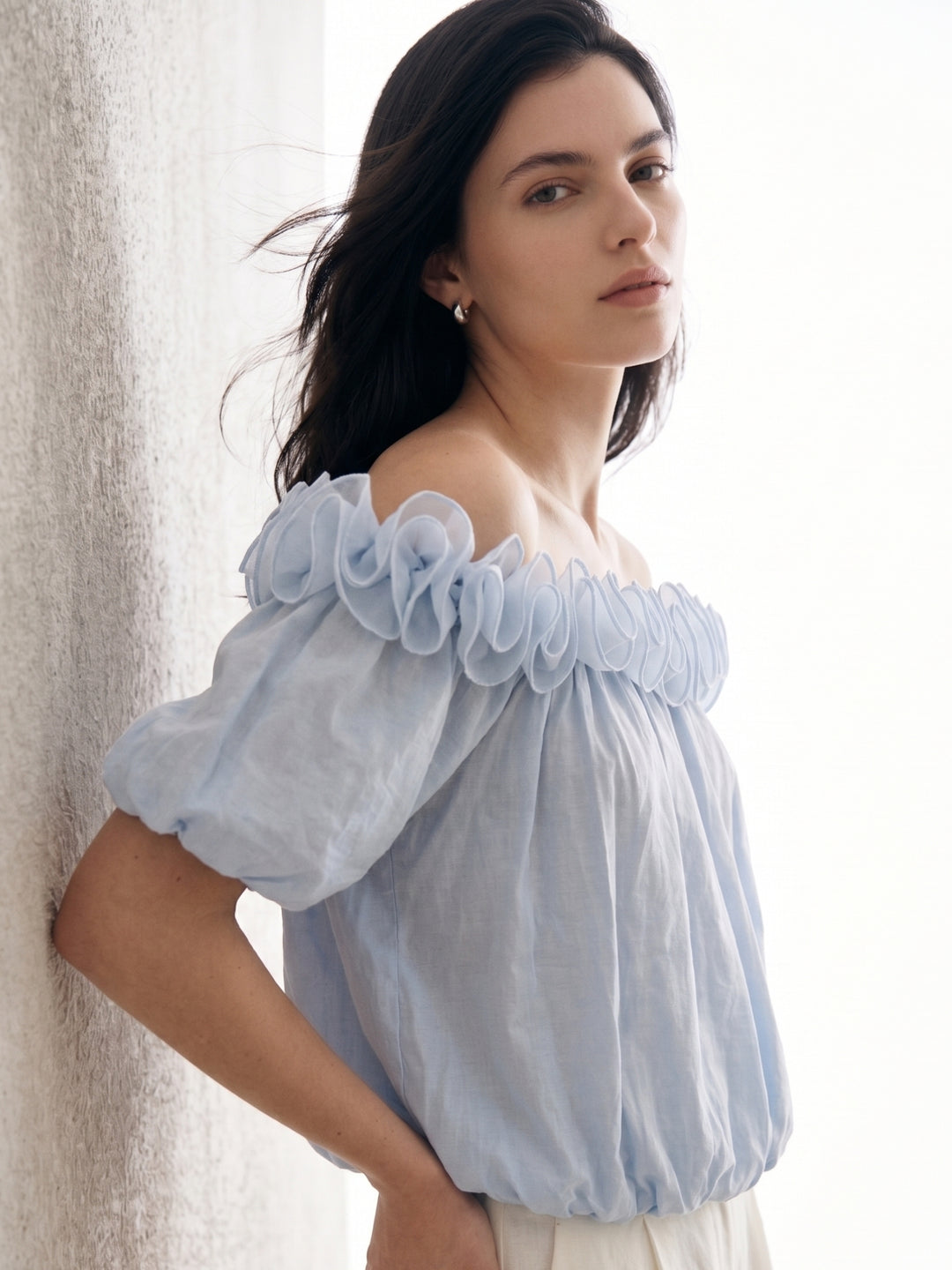 Blue Ruffle Neck Puff Sleeve Top