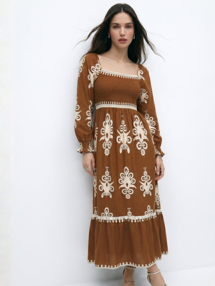Brown Bishop Sleeve Square Neck Printed Dress