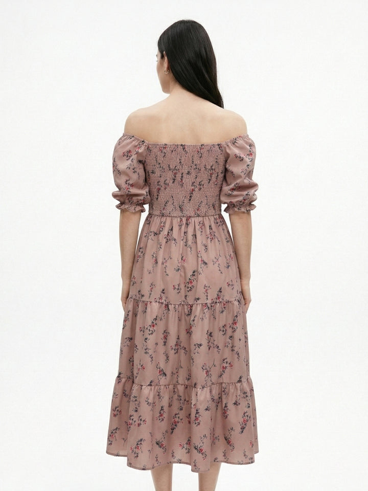 Brown Short Sleeve Square Neck Dress