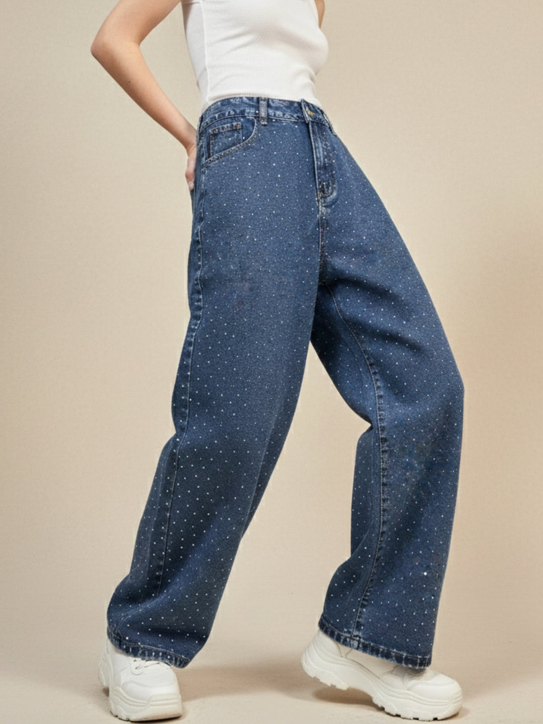 Navy Blue Embellished Wide Leg Denim Jeans