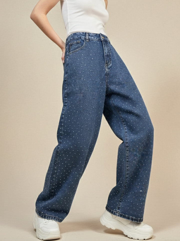 Navy Blue Embellished Wide Leg Denim Jeans