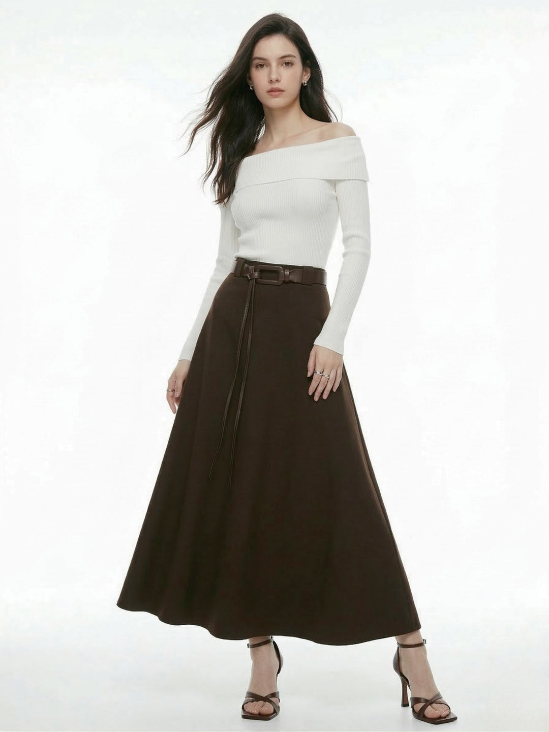 Brown Flouncy Solid Skirt With Belt Detail