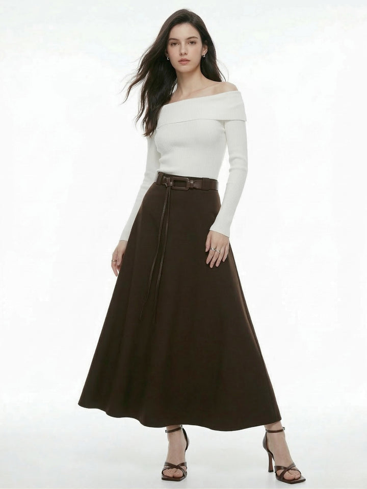 Brown Flouncy Solid Skirt With Belt Detail