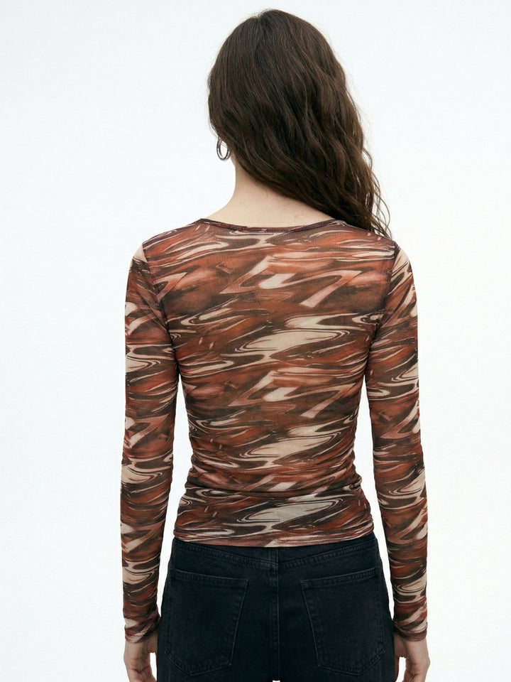 Brown Printed Neck Cut-Out Top