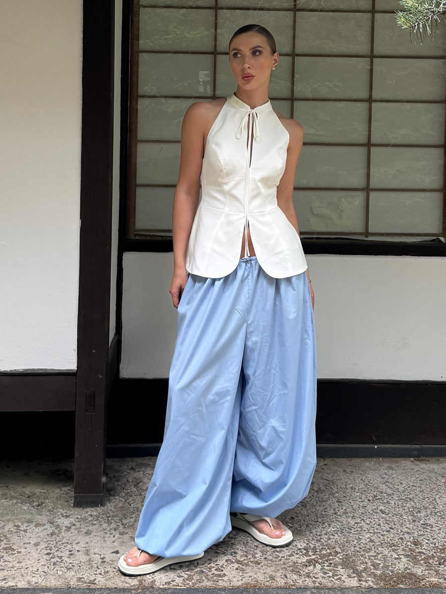 Light Blue Tie Up Balloon Trousers
