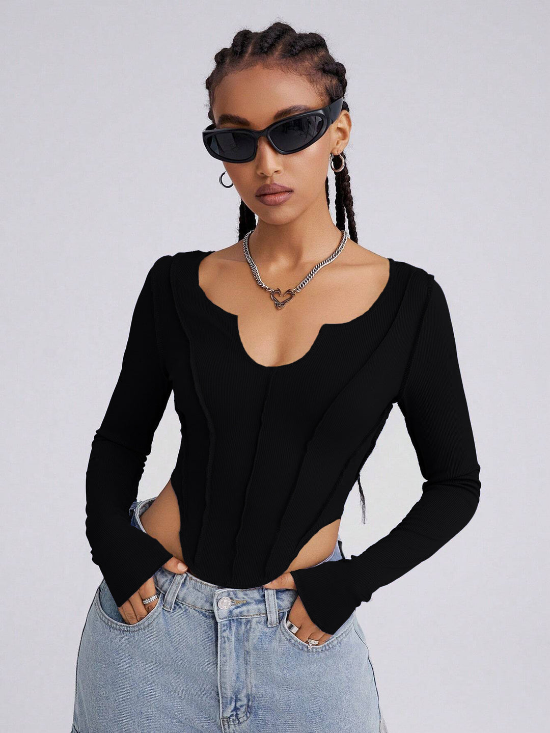 Black Full Sleeve Corset Style Top