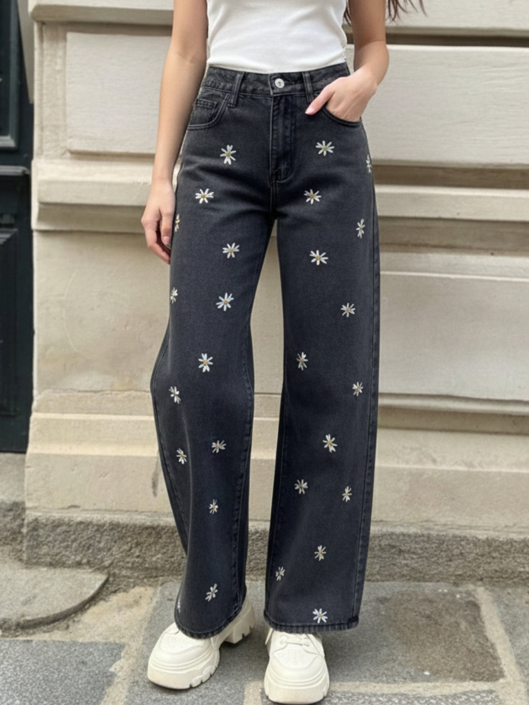 Black Floral Embroidered Denim