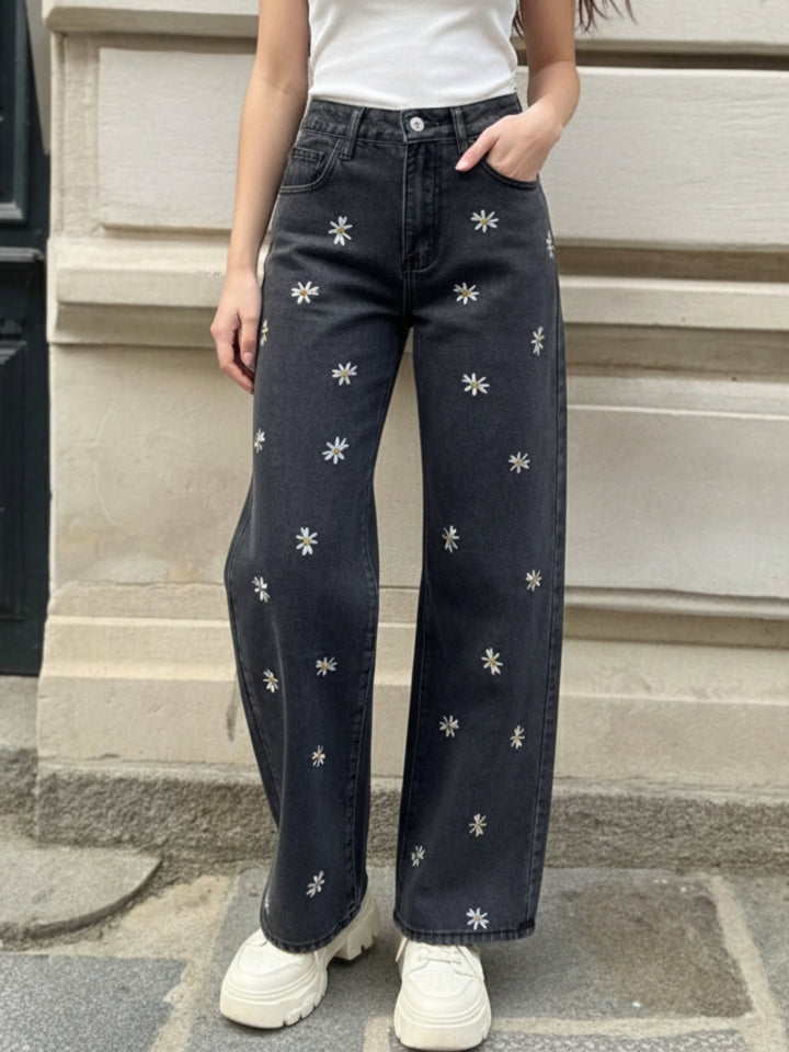 Black Floral Embroidered Denim