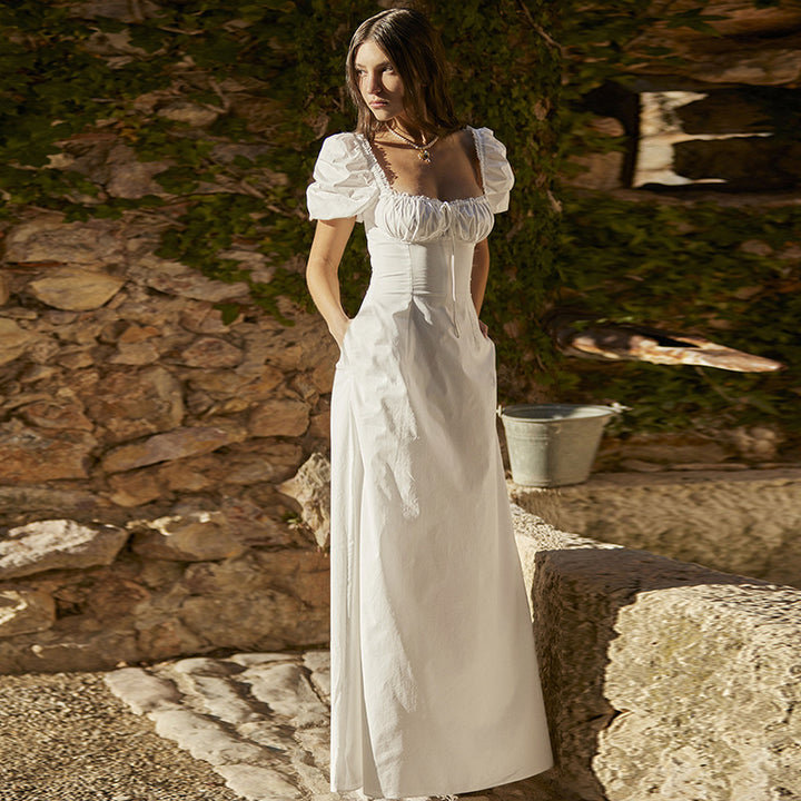 White Puff Sleeve Square Collar Lace Fit And Flared Dress