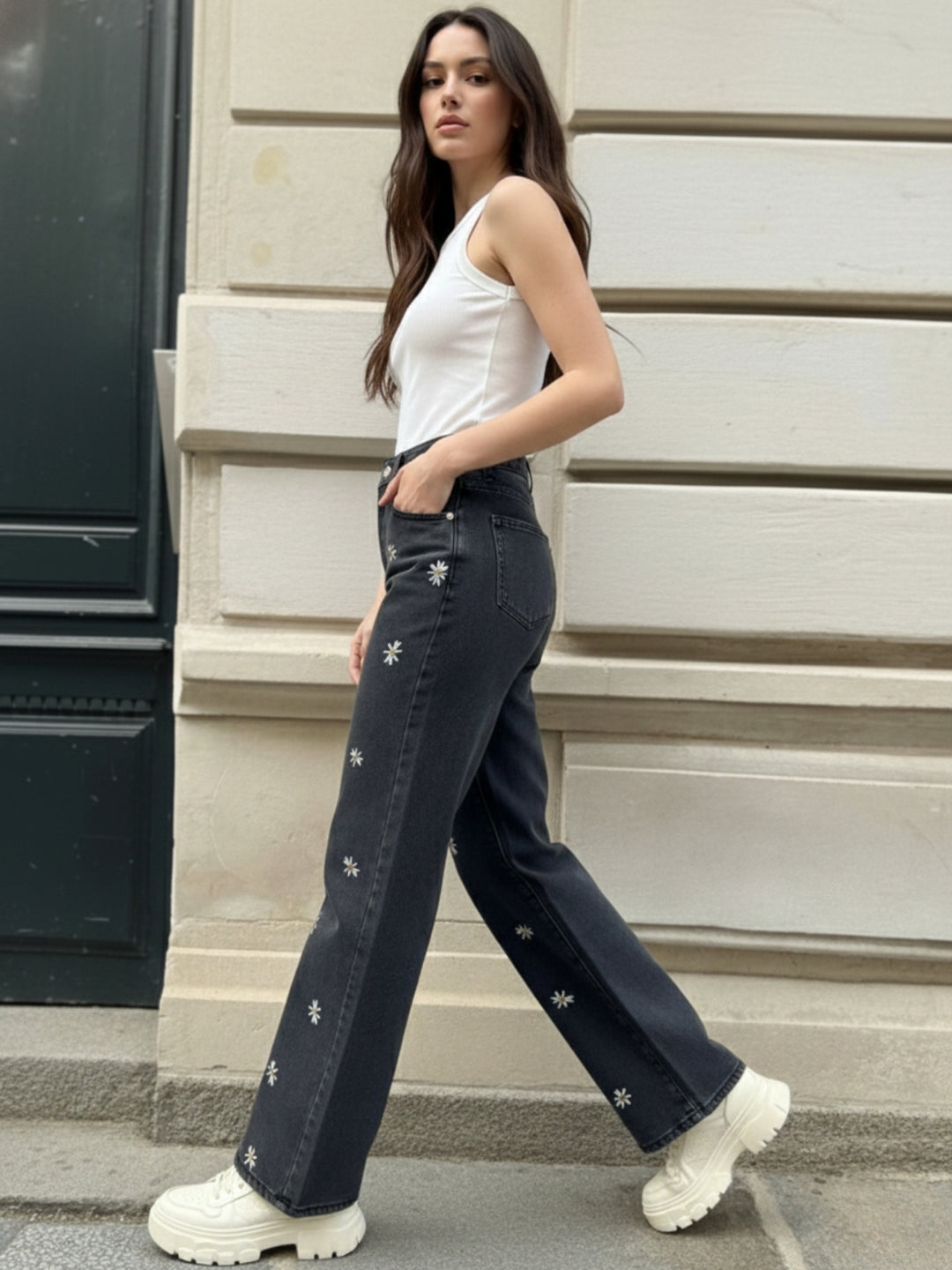 Black Floral Embroidered Denim