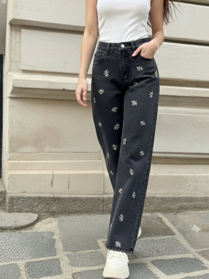 Black Floral Embroidered Denim