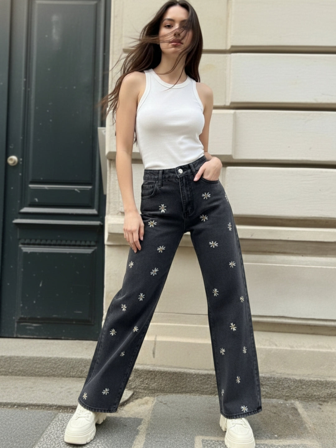 Black Floral Embroidered Denim