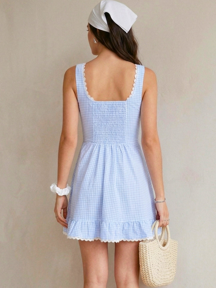 Light Blue Scallop Edge Checkered Dress