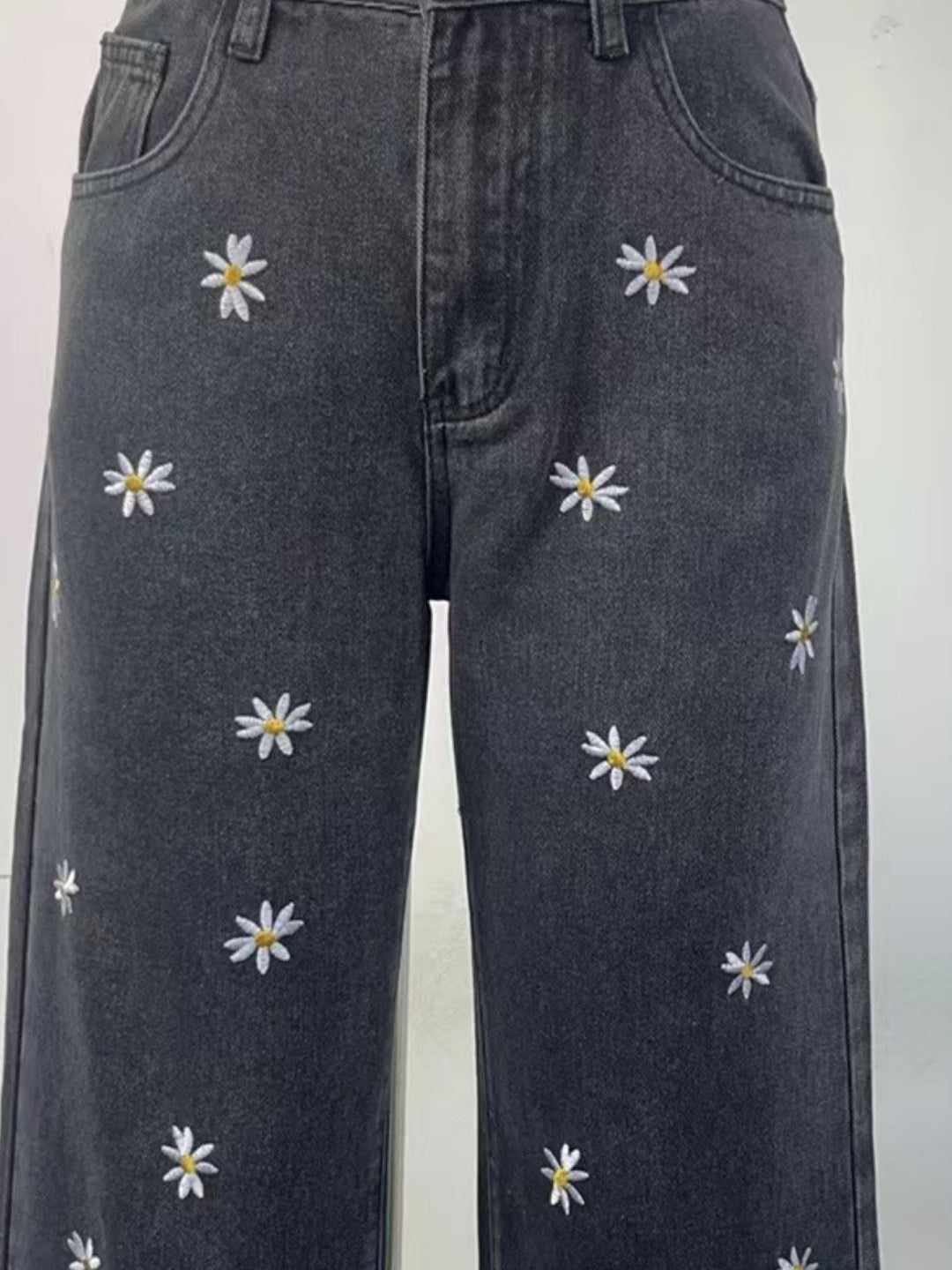 Black Floral Embroidered Denim