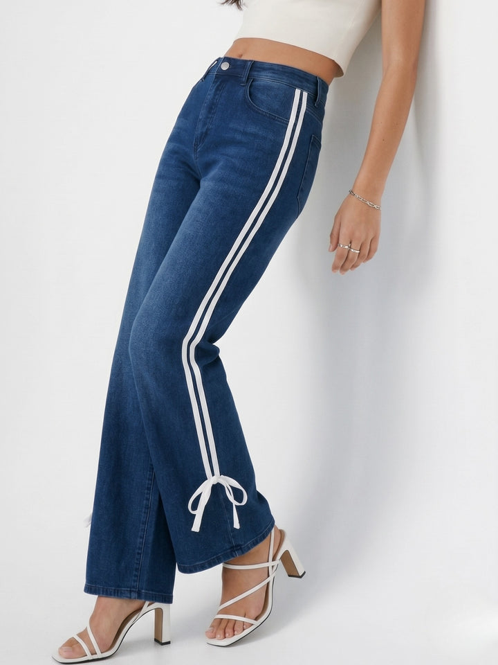 Navy Blue Contrast Detail Wide Leg Jeans