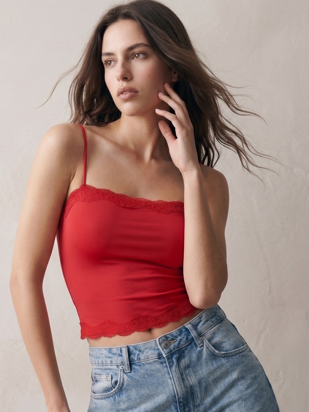 Red Spaghetti Strap Lace Hem Fitted Top