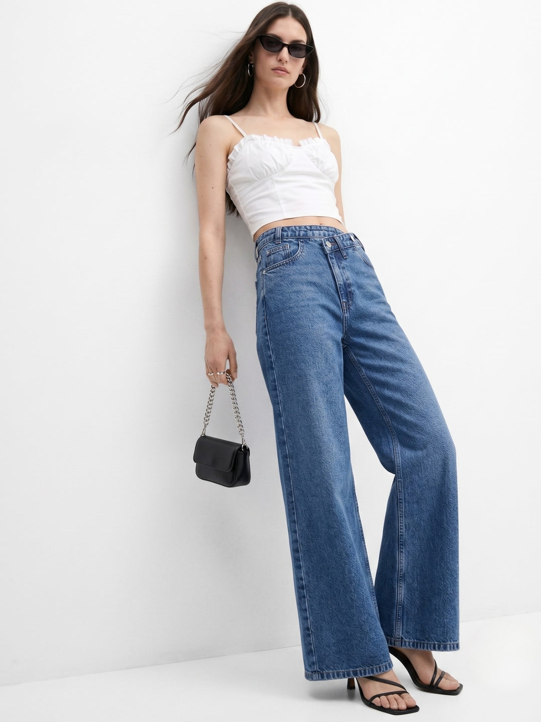 Blue High-Rise Asymmetric Waist Wide Jeans