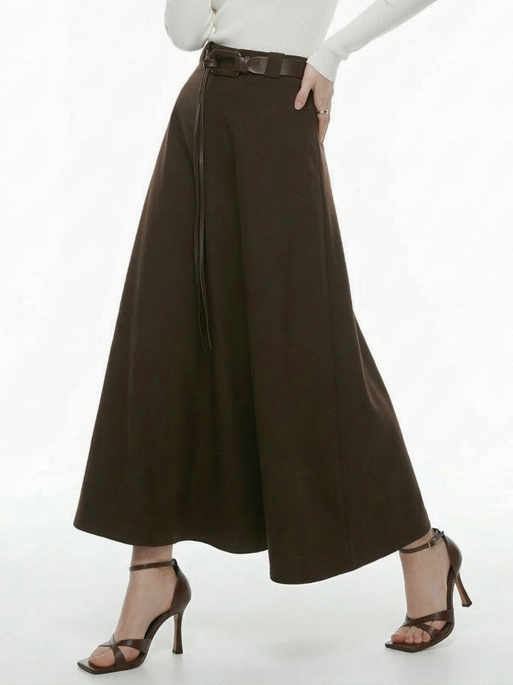 Brown Flouncy Solid Skirt With Belt Detail