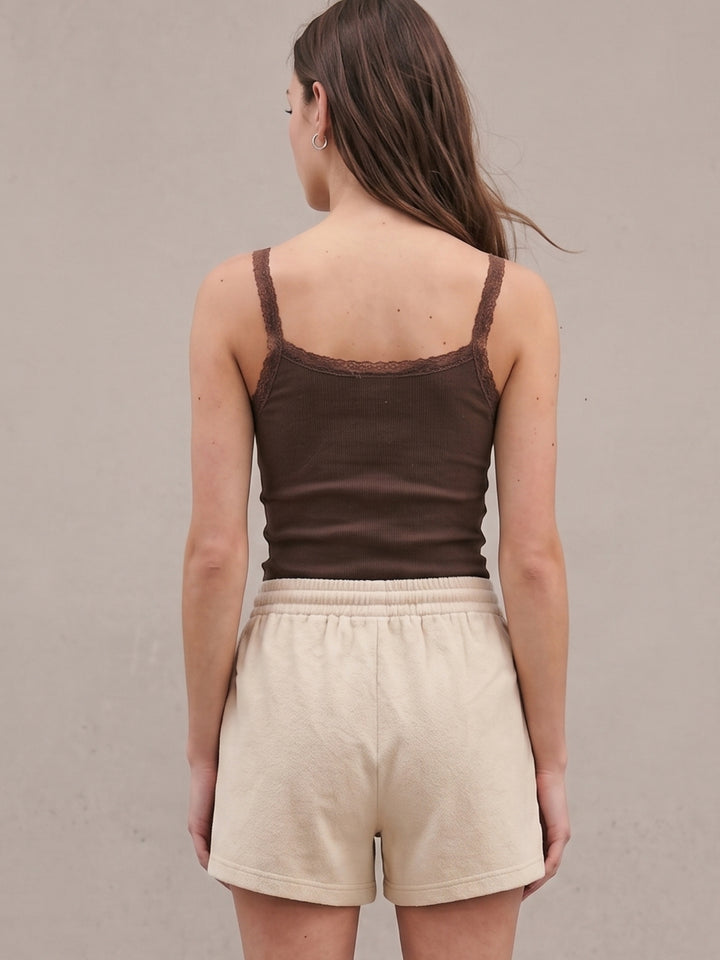 Beige Floral Embroidery Shorts