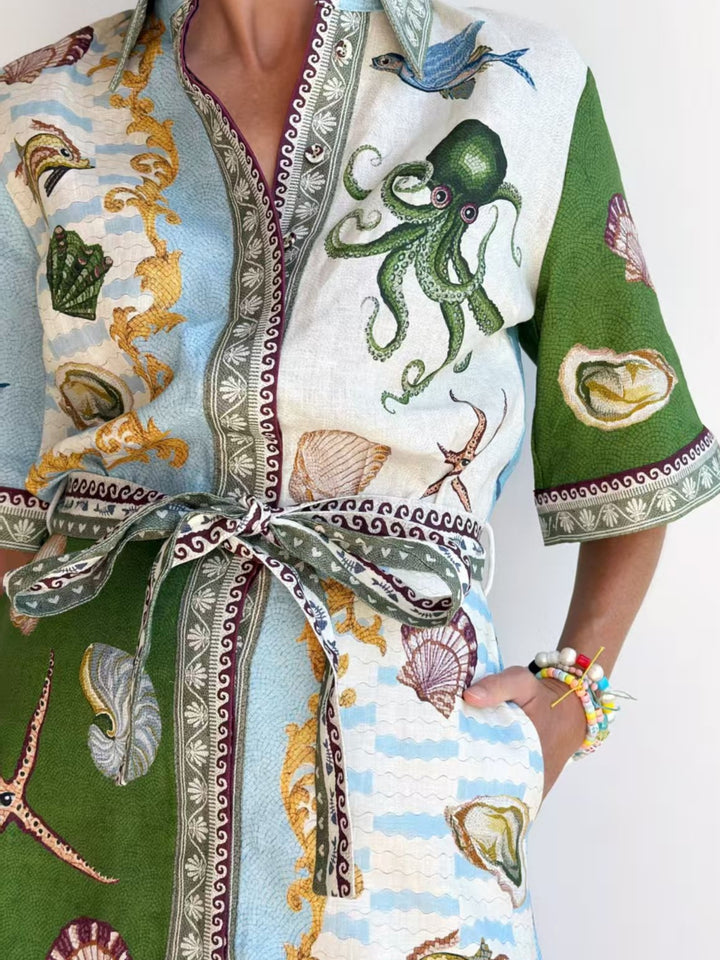 Multi Abstract Printed Waist Tie-Up Dress