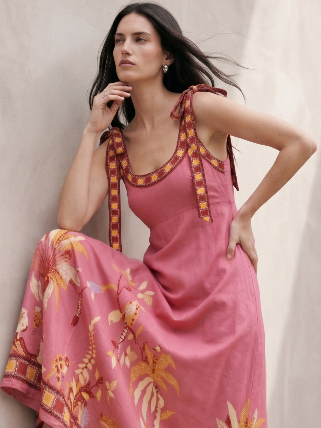Pink Shoulder Tie-Up Printed Dress