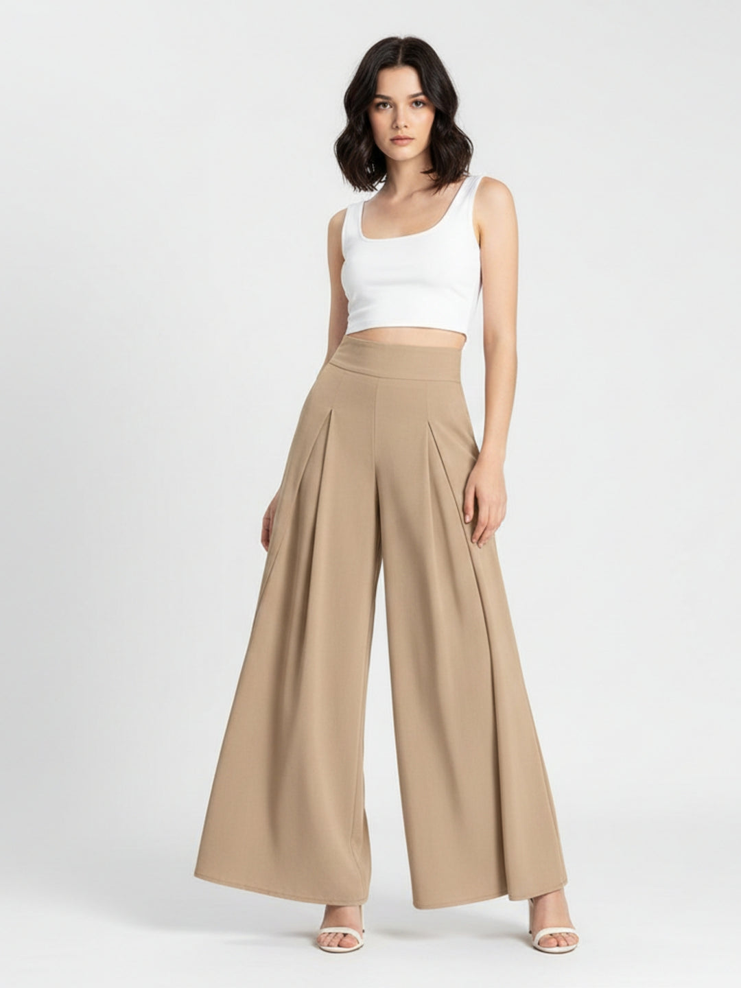 Beige High Waist Pleated Flared Trouser