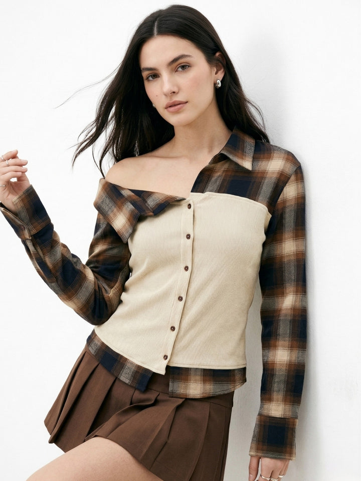Beige Ribbed Tube Top With Checkered Off-Shoulder Style
