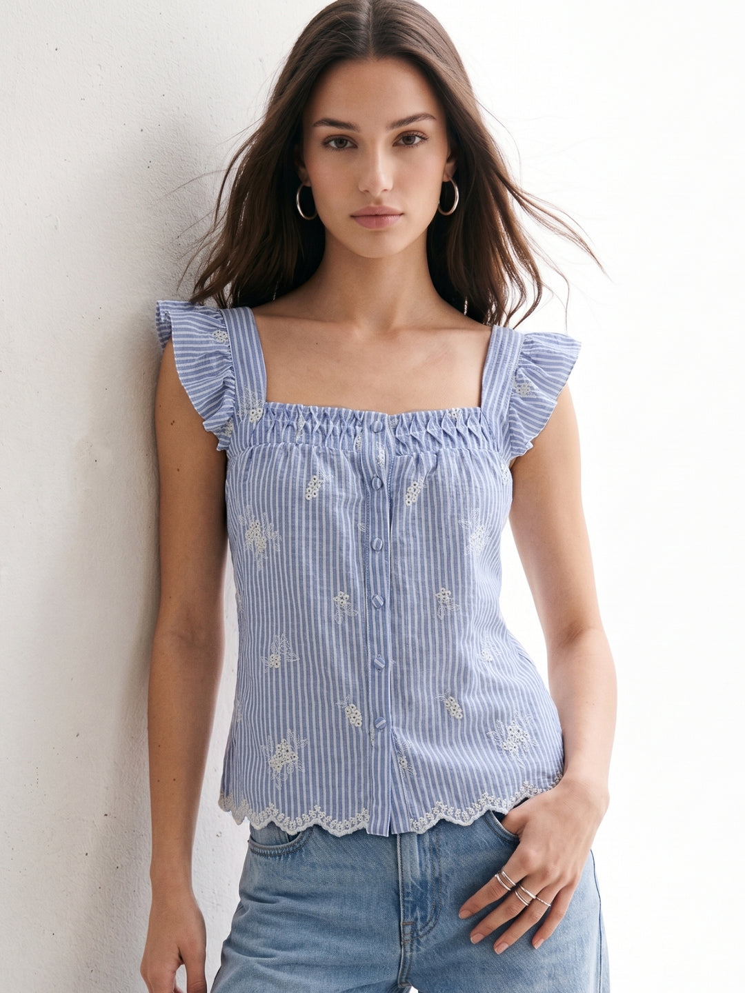 Light Blue Ruffle Sleeve Scallop Edge Floral Embroidery Top