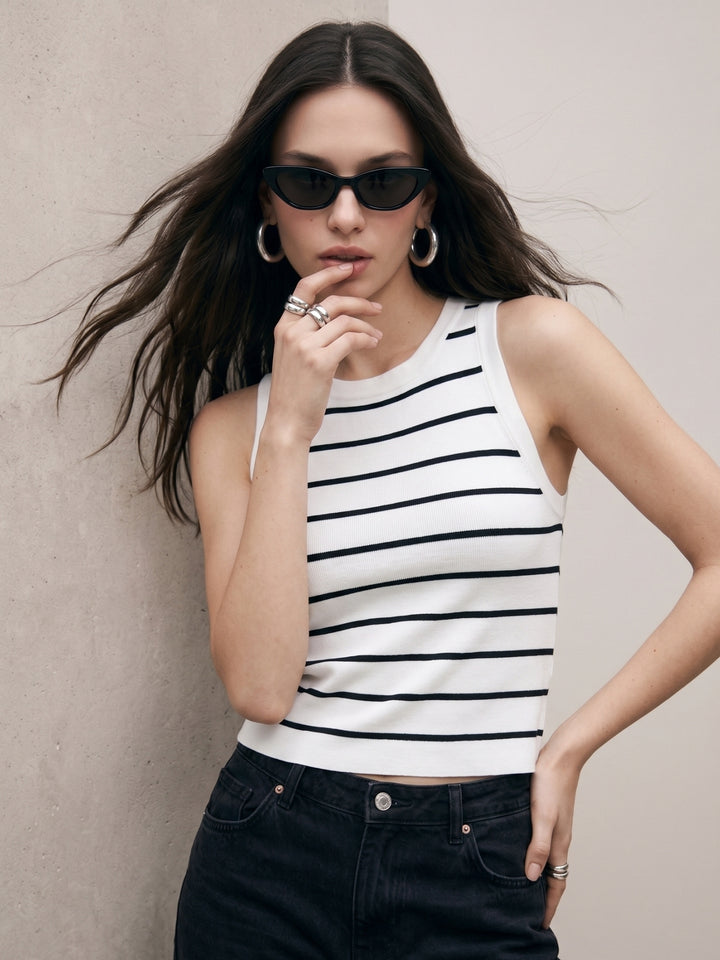 White Sleeveless Basic Striped Tank Top