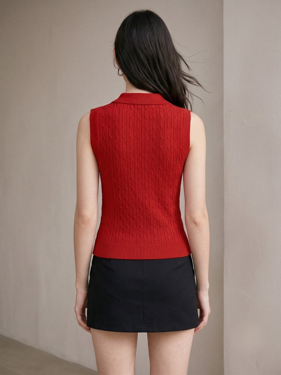 Red Cable Textured Polo Top With Bow Embroidery