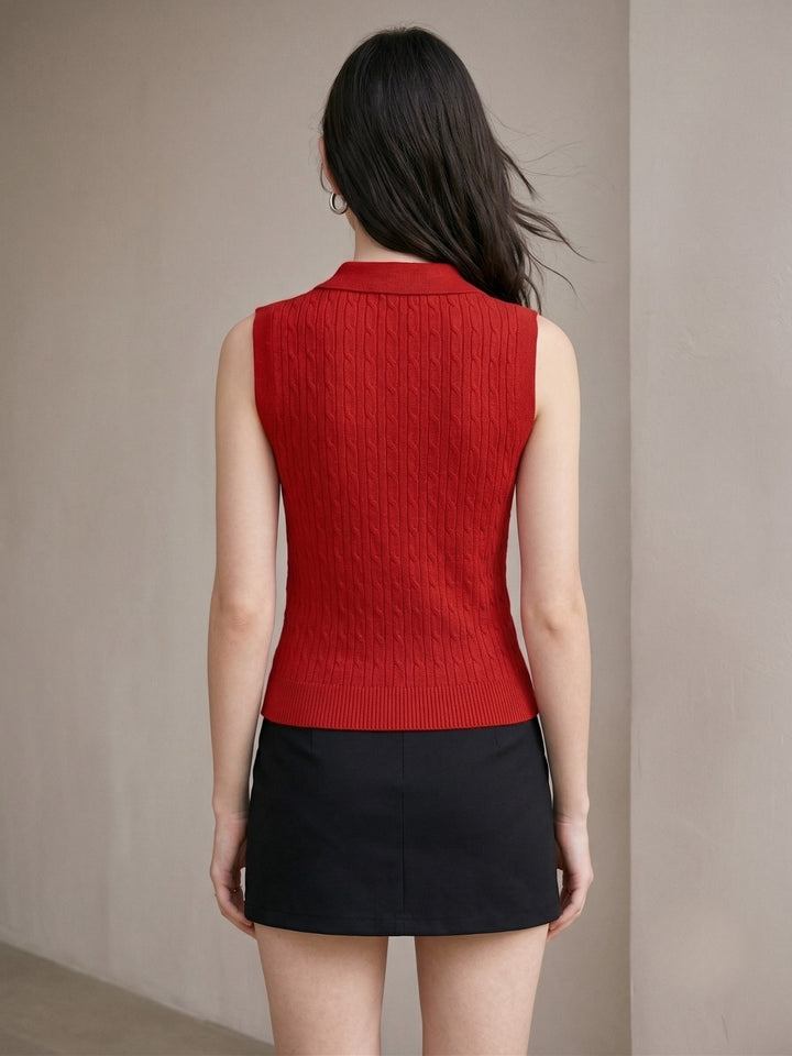 Red Cable Textured Polo Top With Bow Embroidery