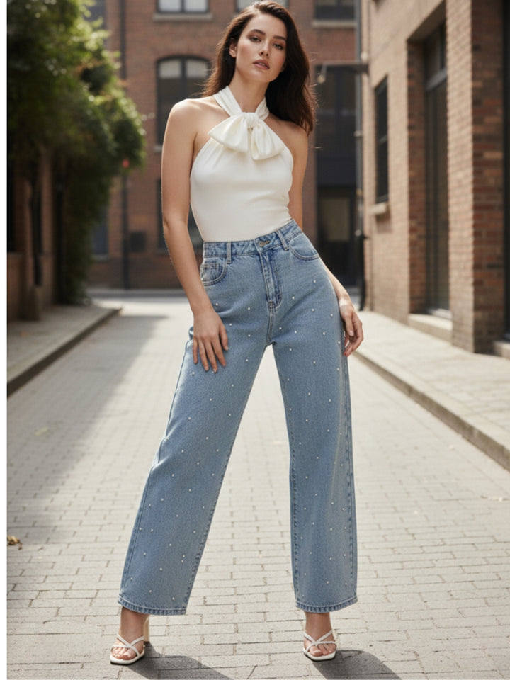 Light Blue Embellished Wide Leg Denim Jeans