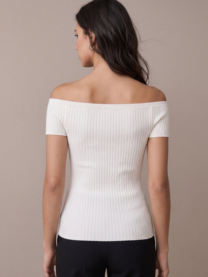 Off White Off-Shoulder Fitted Rib Textured Top