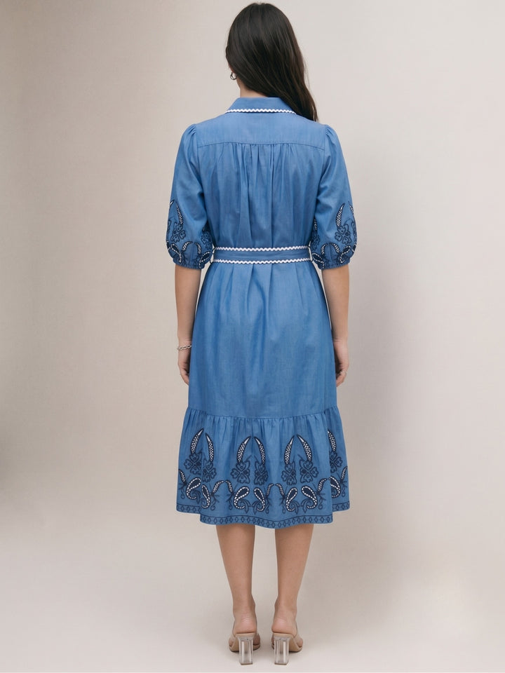 Blue Puff Sleeve Blue Flare Dress